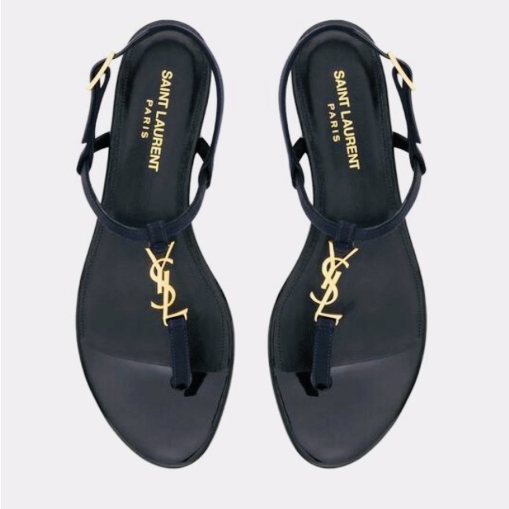Saint Laurent Women's Navy Sandals with Gold Logo